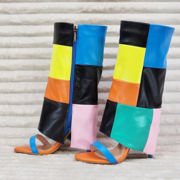 Paris Color Block Stiletto Fold Over Skirted Shootie Boot Sandals - Picture 3 of 15